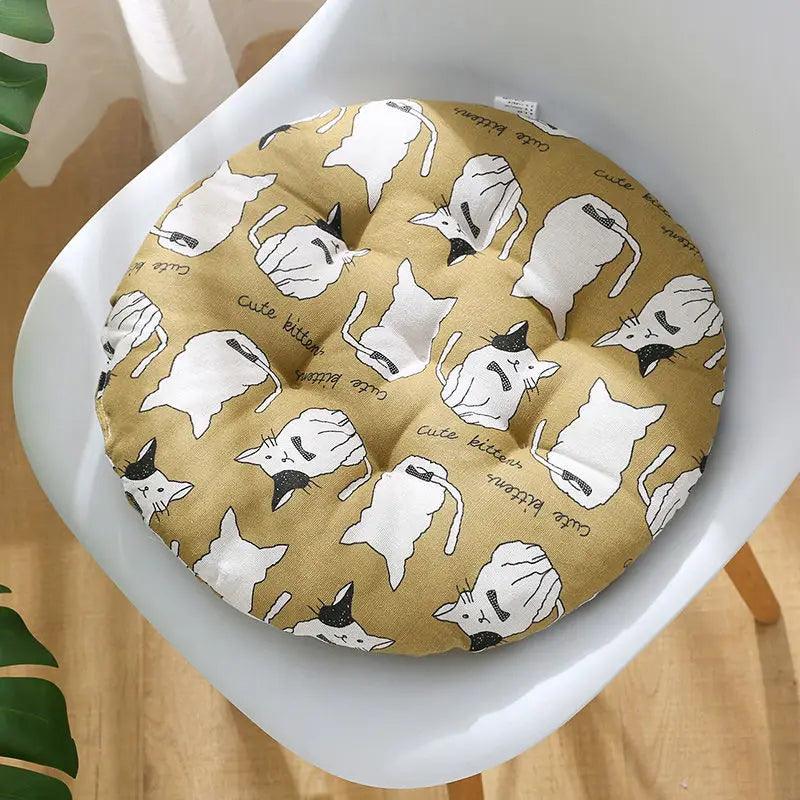 Round cat cushion with a cute kitten print, designed as an optional accessory for the macrame cat swing bed.