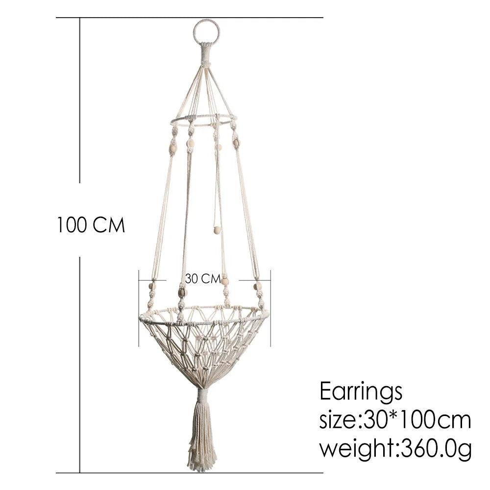 Macrame cat swing bed with a 30cm diameter and 100cm height, featuring a decorative woven rope design and tassels.