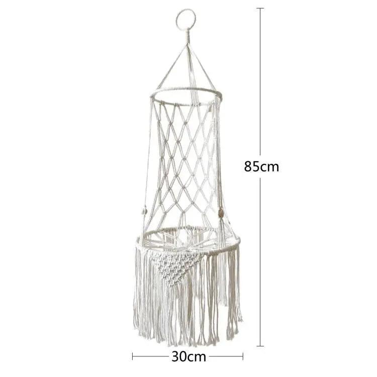 Macrame cat swing bed with an 85cm height and 30cm diameter, featuring a woven rope design and tassel details.