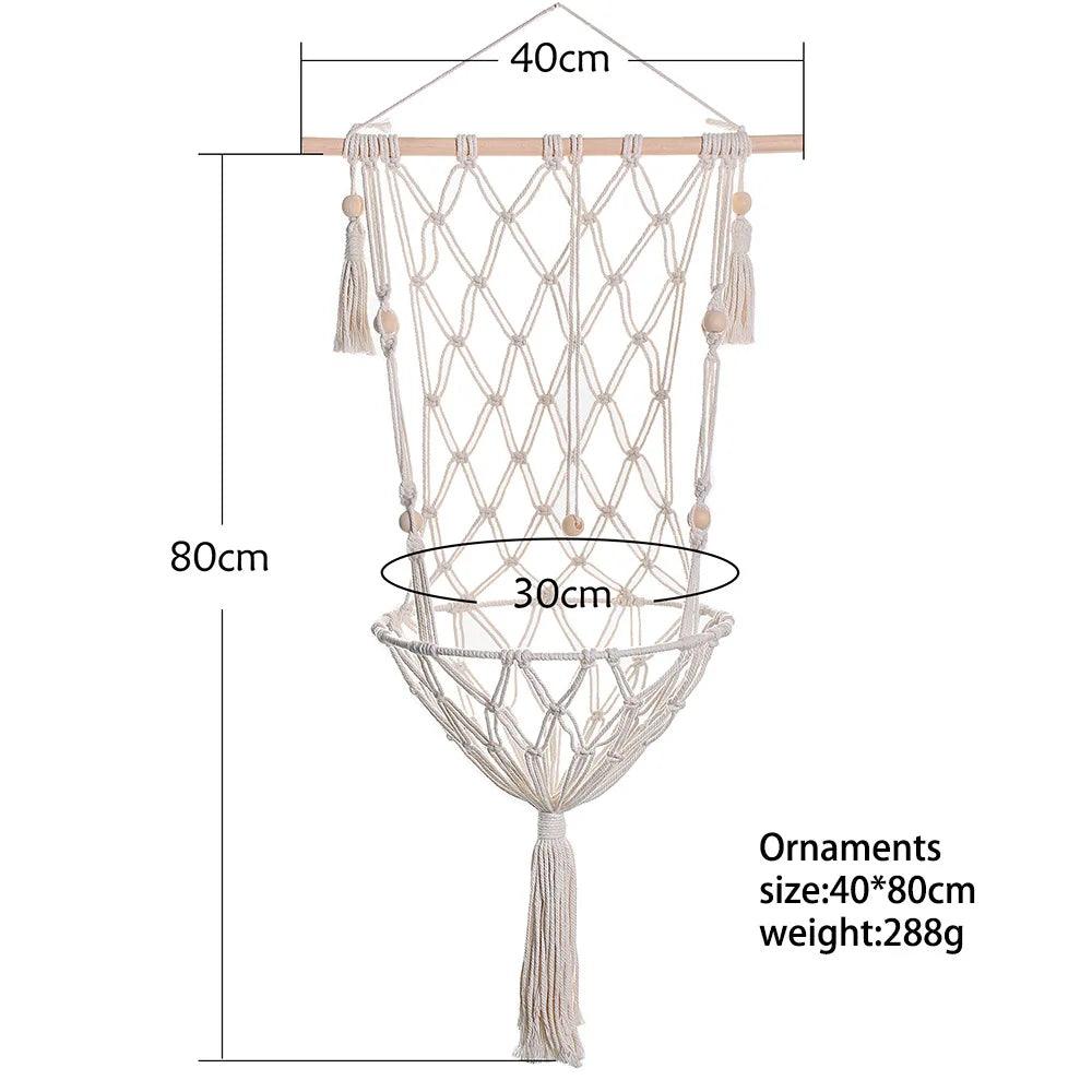 Macrame cat hammock with a 40cm width and 80cm height, featuring a decorative woven design and hanging tassels.