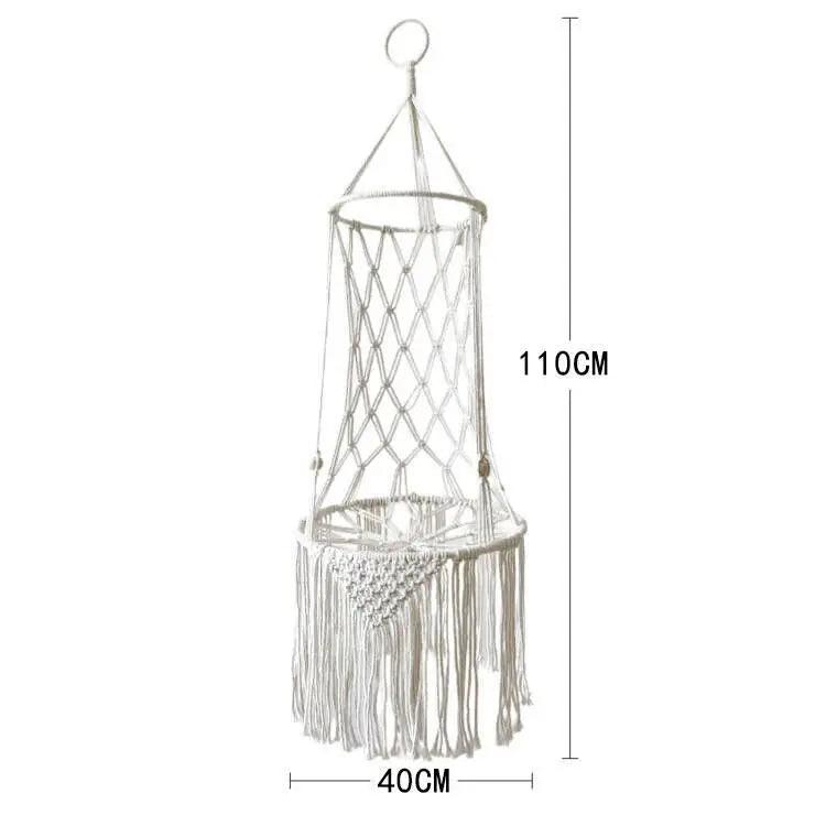 Macrame cat swing bed with dimensions of 40cm diameter and 110cm height, featuring a woven rope design and tassel fringe.